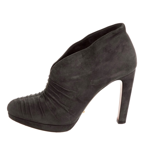 Prada Ruched Suede Bootie 39.0 Gently Worn - Platform 4.0 “ Heel - Dark Grey - Picture 4 of 10